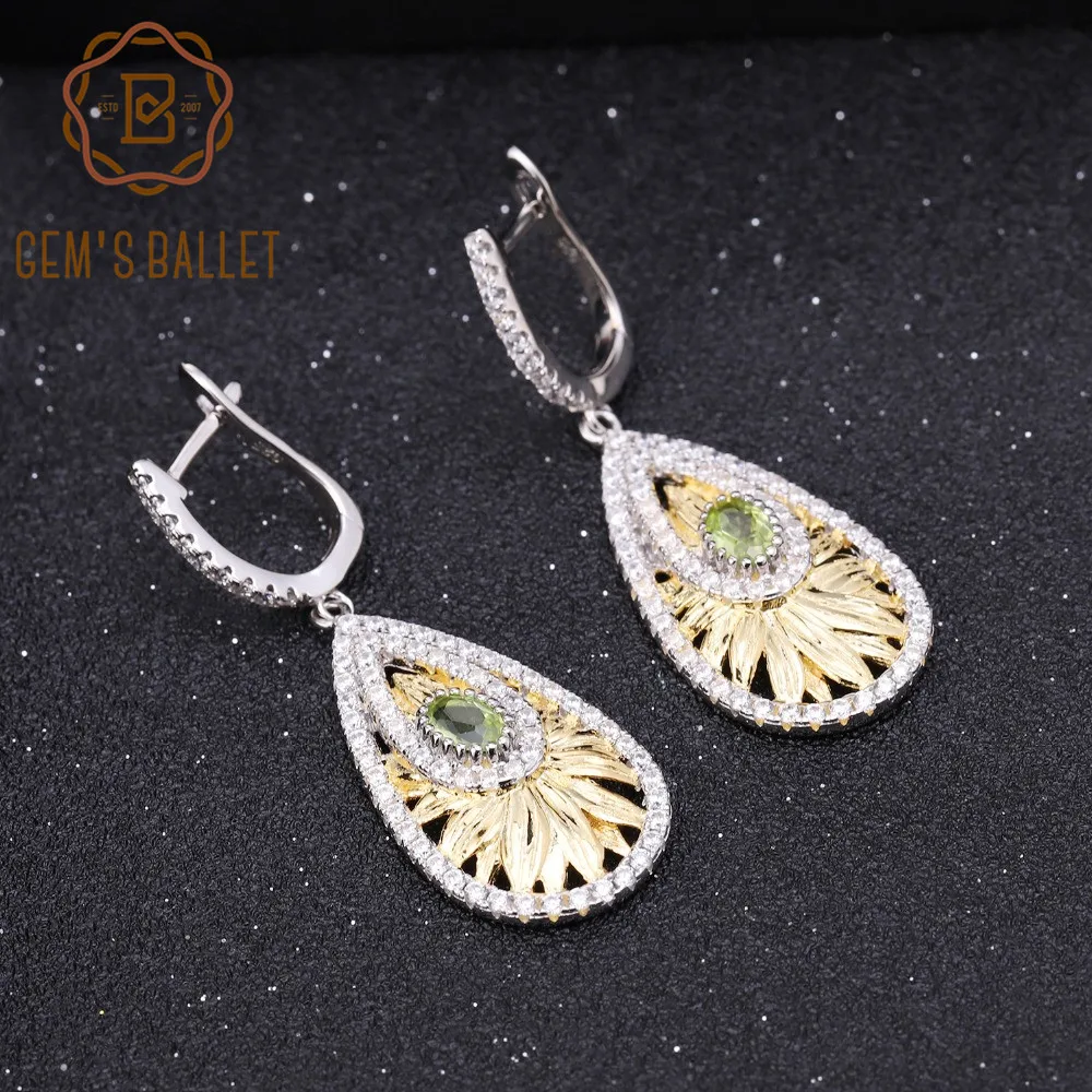 GEM'S BALLET 1.03Ct натуральный Перидот серьги в форме подсолнечника 925 пробы Серебряные Оригинальные висячие серьги ручной работы для женщин ювелирные изделия