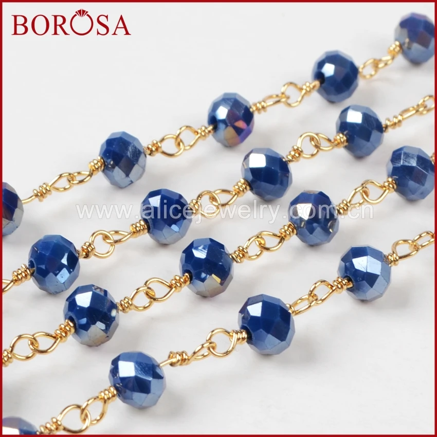 

BOROSA Natural Blue Shell Horn Rosary Chain Necklace Faceted Blue Quartz Beaded Necklace for Women Fashion Party Jewelry G1163