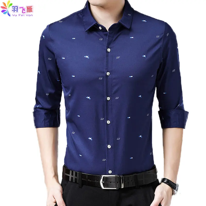 Мужская приталенная рубашка Yufeiyan черная с длинными рукавами и принтом большие