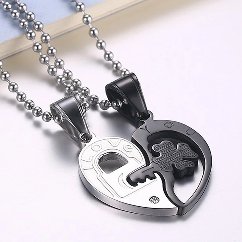CN-038 2pcs/lot Men Women Stainless Steel Key Heart Couple Pendant Necklace With Cubic Zirconia Romantic Lovers Puzzle |