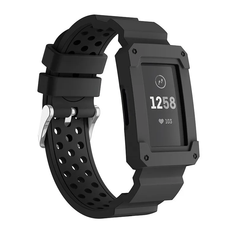 black Duszake Band для Fitbit Charge 3 с чехлом силиконовые дышащие полосы с противоударной защитной рамкой бампера - Цвет: black