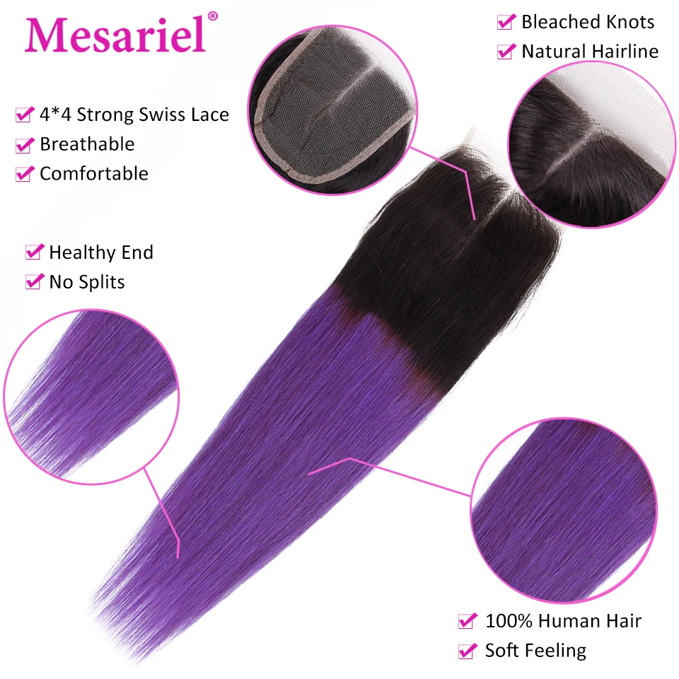 Mesariel Human Hair Bundles with Closure Ombre 1B Purple Brazilian Straight Weave Extension 4 Remy | Шиньоны и парики