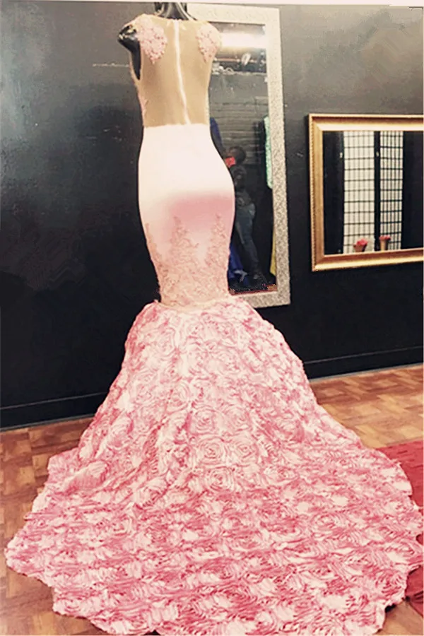 Sexy Long Prom Dress 2019 Mermaid Pink 3D Flowers Lace Floor Length for African Black Girls Formal Evening Party Gowns 2019