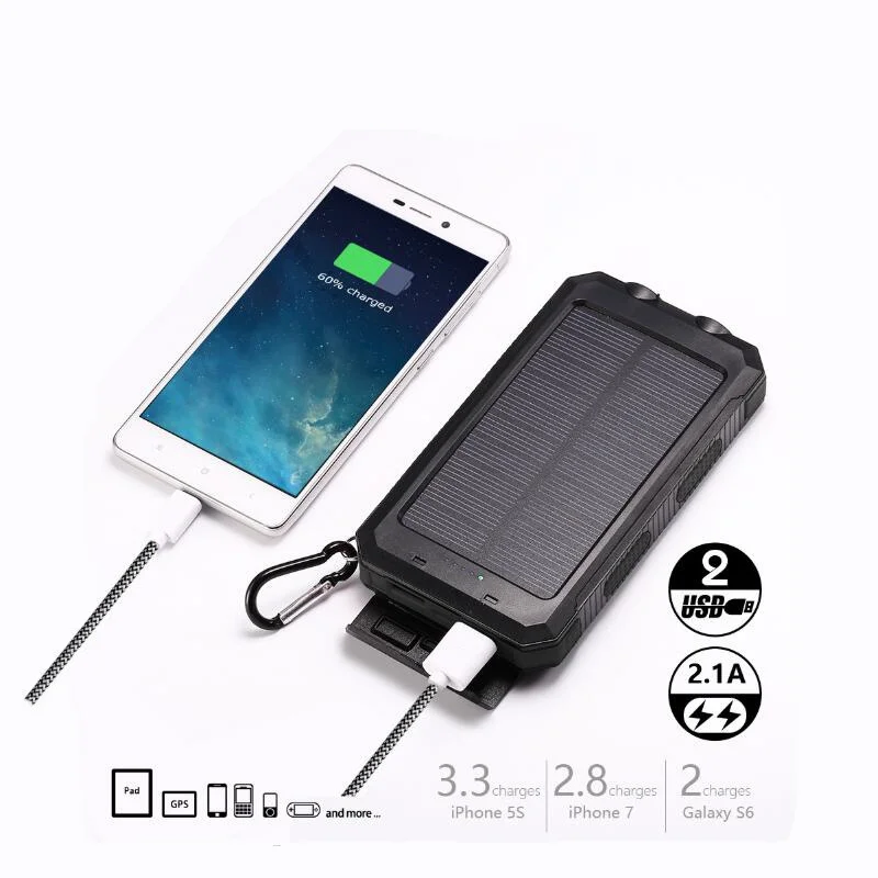 30000 мАч Солнечный внешний аккумулятор Двойной USB водонепроницаемый портативный с