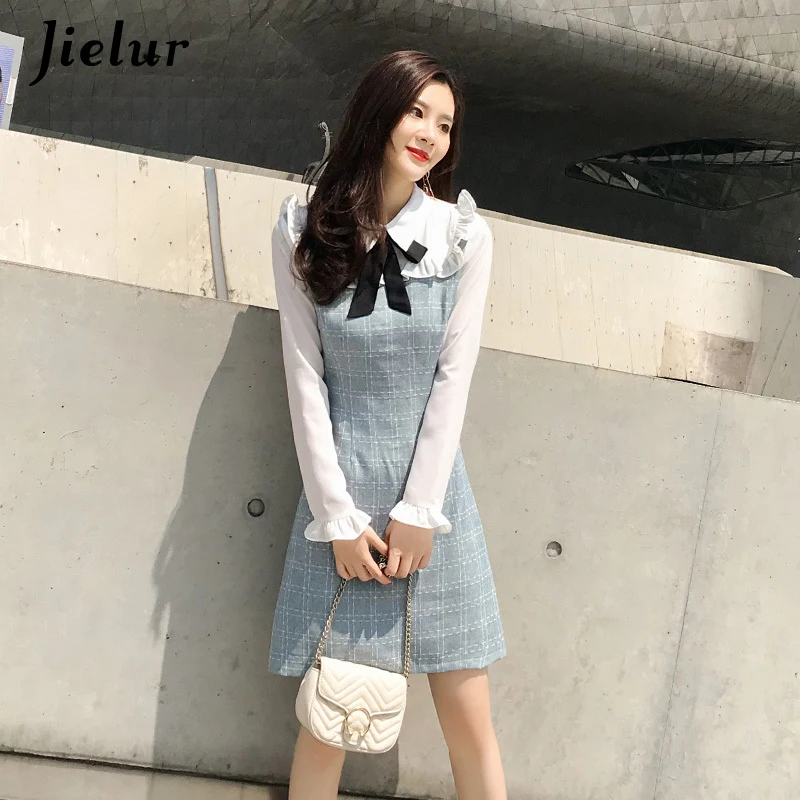 Jielur серый плед с длинным рукавом элегантное платье для женщин осень 2019 г. Новый