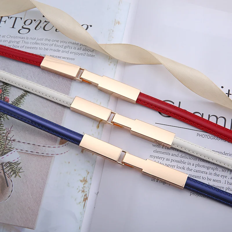 

Skinny Women Belt Fashion Thin Dress Waistband with Golden Buckle Designer Genuine Leather Belt Suit for 55~92cm