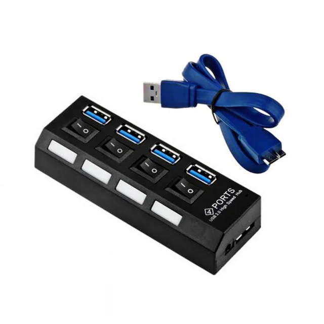 Черный 4-портовый USB 3,0 концентратор высокоскоростной передачи данных 4 порта сплиттер с индивидуальными переключателями и светодиодами - Цвет: Черный