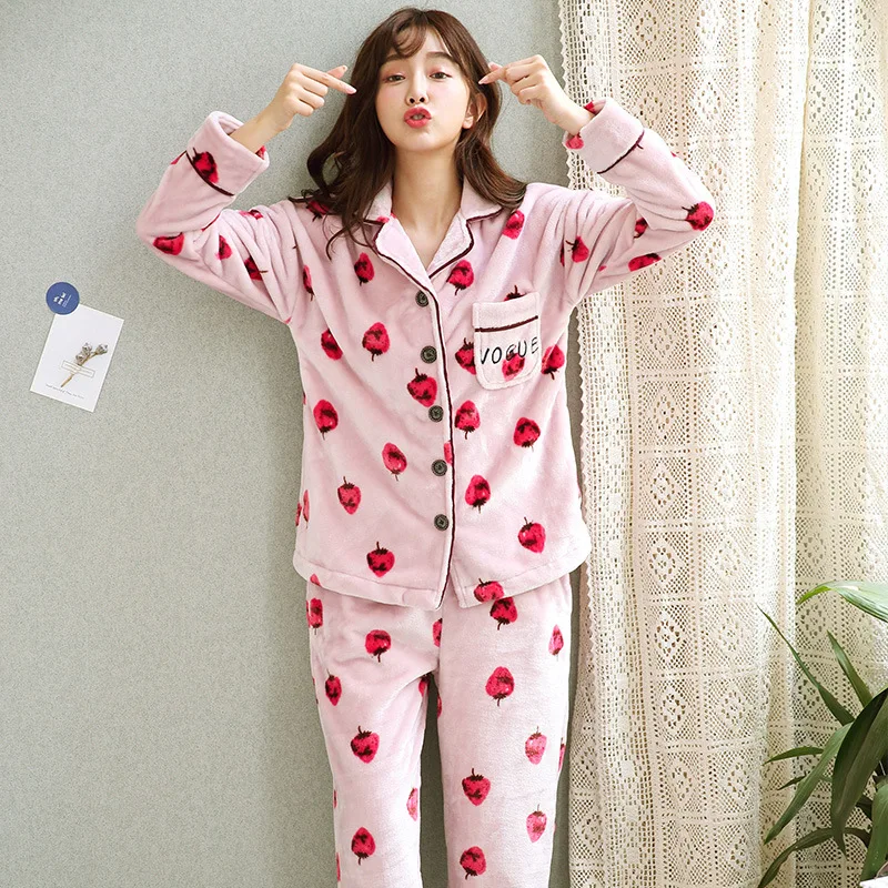 Женский пижамный комплект зимняя Пижама костюм Толстая теплая фланелевая ночная