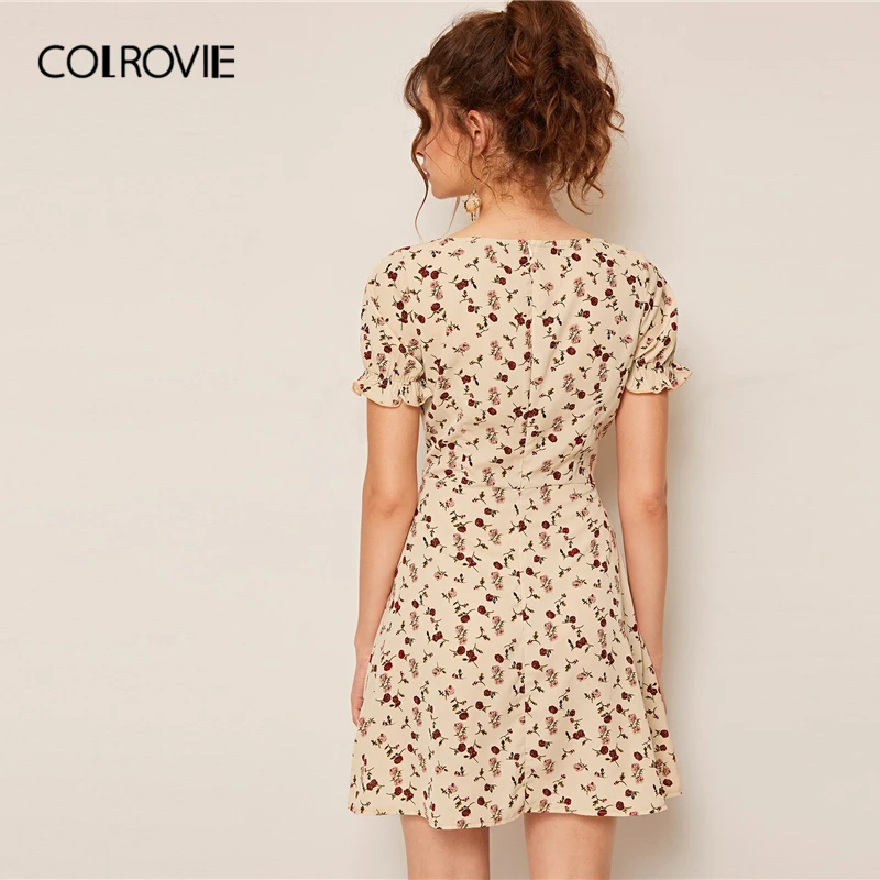 COLROVIE абрикосовое Короткое женское платье с завязками на шее и манжетами с цветочным принтом Boho летнее женское платье с глубоким вырезом