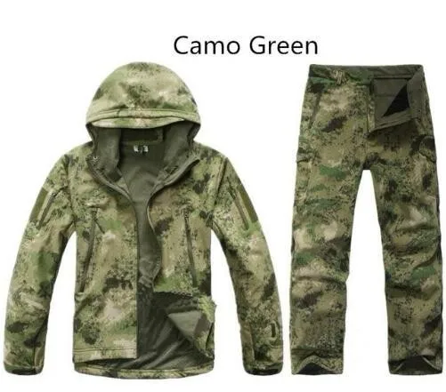 Hot Winter Men Outdoor Camping Hunting Hiking Camouflage Sets Tactical Waterproof Shark Skin Soft Shell Fleece Jacket Pants Suit - Цвет: green ruins
