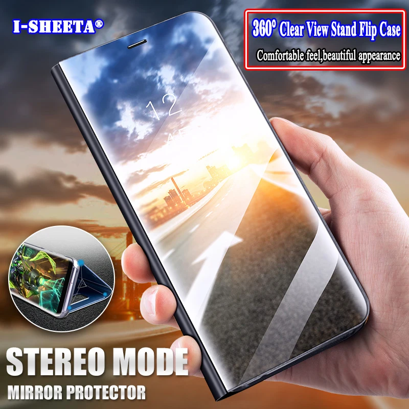 Shockproof 360 Full Protective Plating Ultra Thin Clear View Mirror Stand Hard Cover for Samsung Galaxy A8 Plus 2018 Filp Case |