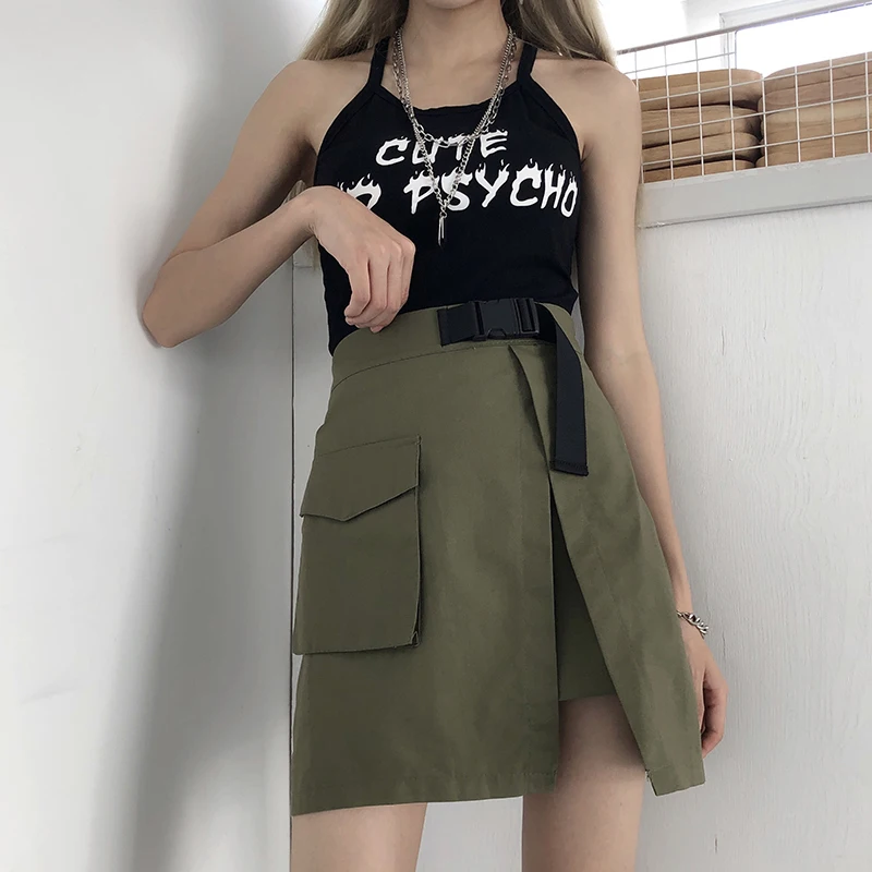 Army green Новинка, женская уличная одежда, тонкий пояс, высокая талия, юбка, открытая сторона, пэтчворк, сплошной цвет, мини юбки - Цвет: Army green