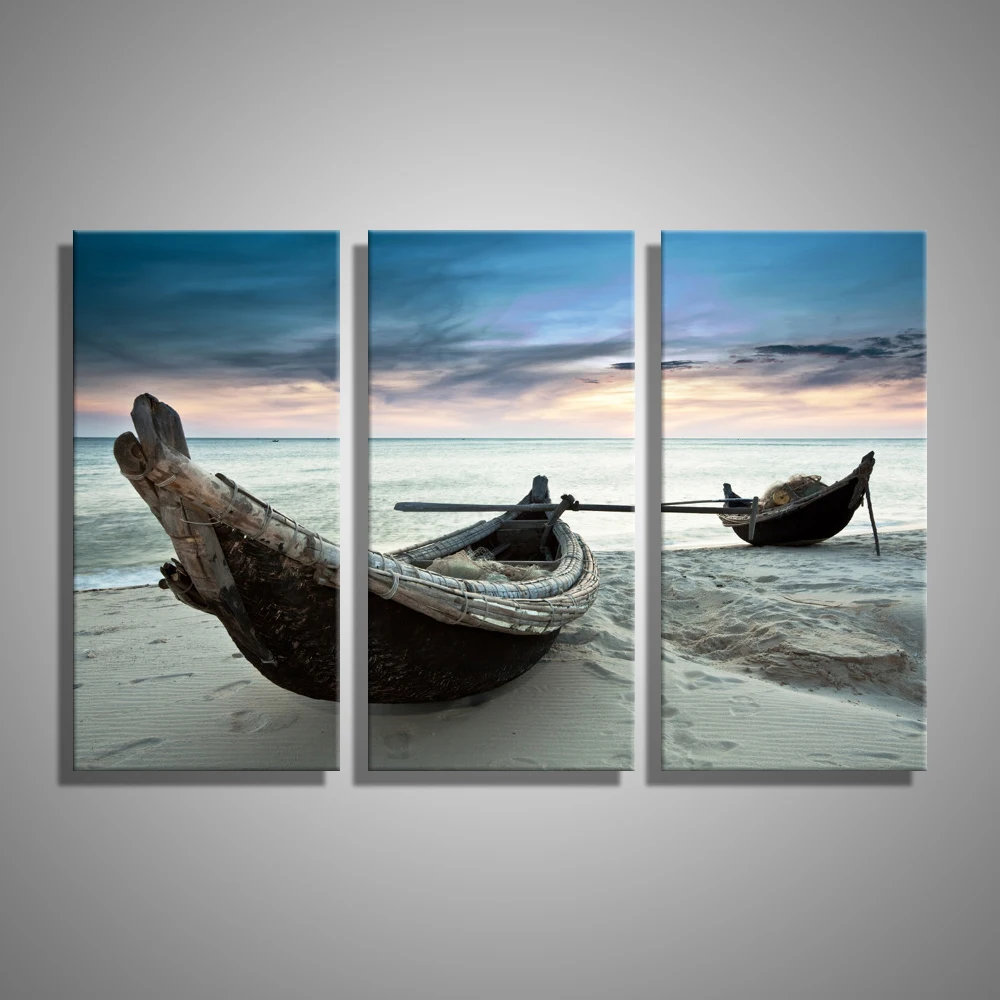Drop shipping Oil Painting Canvas Beach Landscape Boat Wall Art Home Decor Modern Picture For Living Room 3 PCS No Frame | Дом и сад