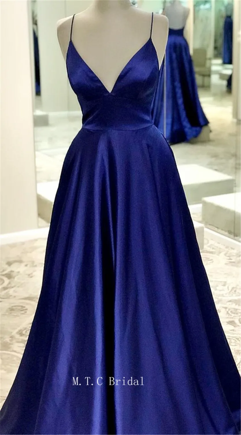

2019 Royal Blue Long Prom Dresses Sexy Sweetheart Spaghetti Strap A Line Backless Formal Occasion Dress Cheap Robe De Soiree