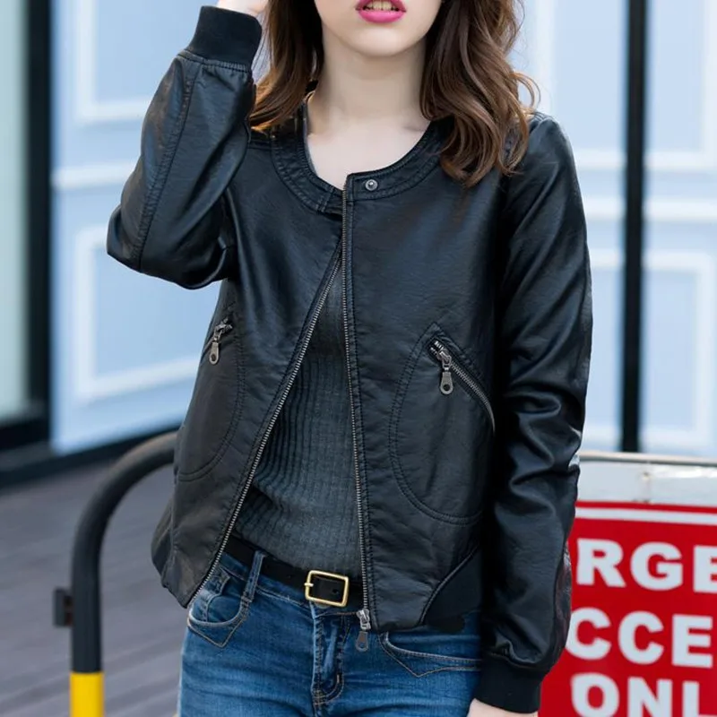 Женская кожаная куртка осенняя повседневная из искусственной кожи C3433|leather jacket - Фото №1