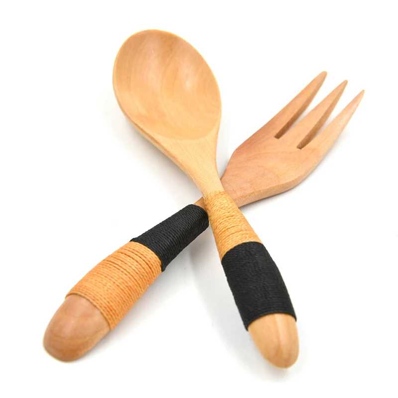 Натуральный Япония стиль деревянный Набор вилок Bamboo кухня, кухонная утварь инструмент суп чайная ложка Питание столовая посуда наборы для ухода за кожей