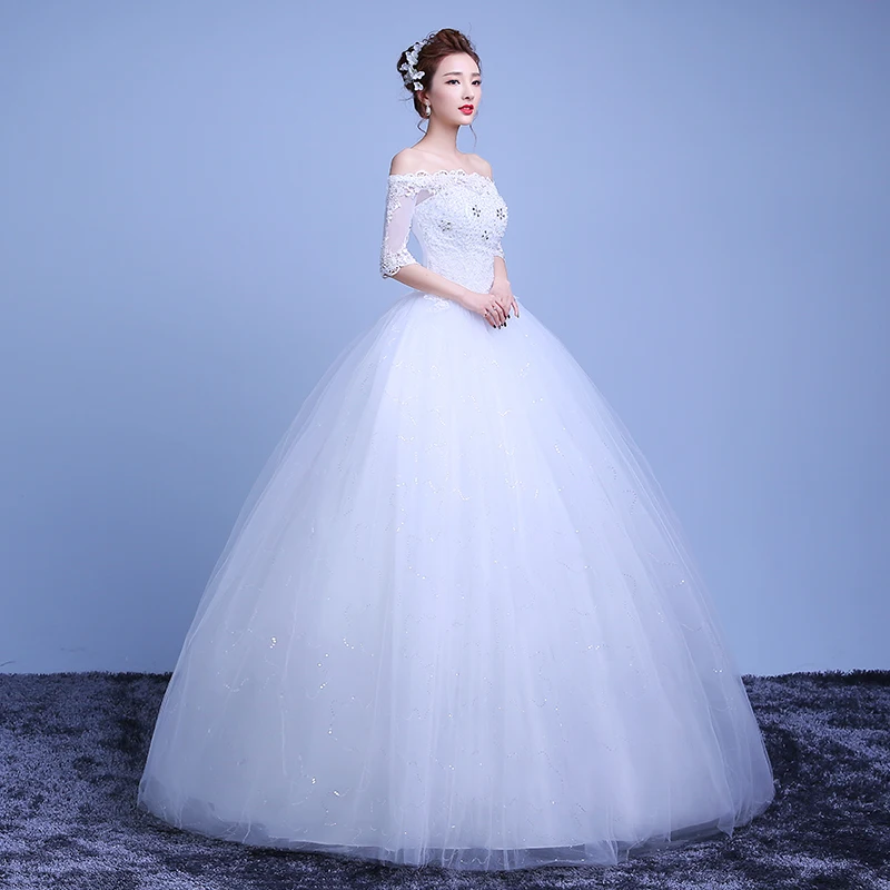 Bridal Gowns Beading Wedding Dresses 2016 New Lace vestidos de novia A-Line Appliques Boat Neck Petite Pleat Elegant | Свадьбы и