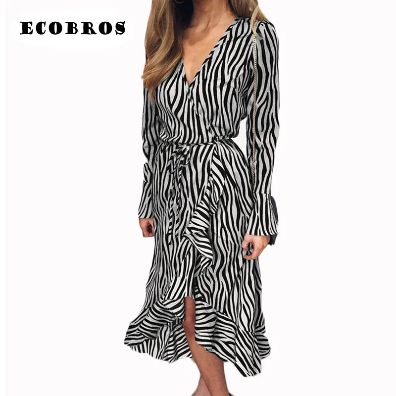 Женское длинное пляжное платье ECOBROS в полоску с v образным вырезом и поясом лето