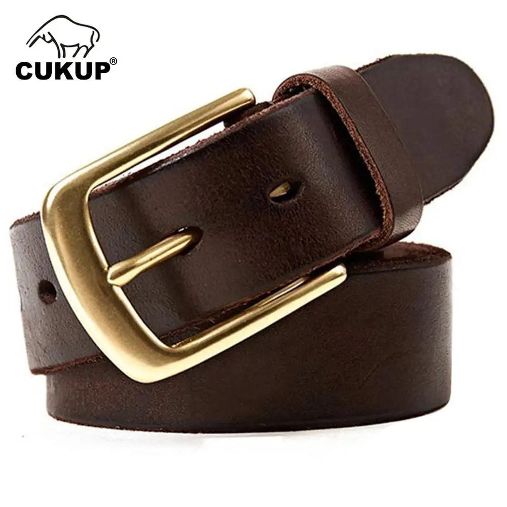 CUKUP Top Quality Solid 100% Cow Skin Leather Belts Brass Pin Buckle Metal Belt for Men Fancy Vintage Jeans Accessories NCK289