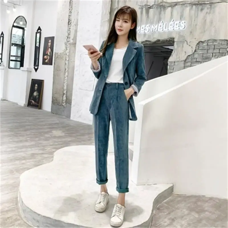 

Fashion women's corduroy suit suit female casual small suit high waist small feet carrot pants suit women