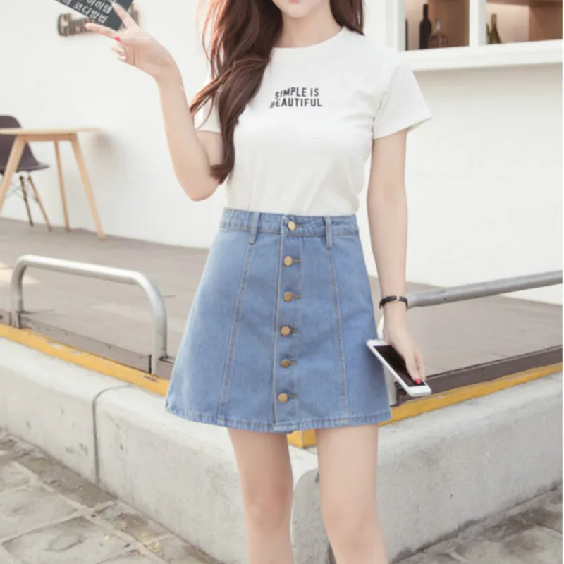 EXOTAO Single Breasted Mini Denim Skirts for Lady Solid Empire Harajuku Skirt Spring Saia 2018 Fashion Faldas Women A-Line Jupe | Женская
