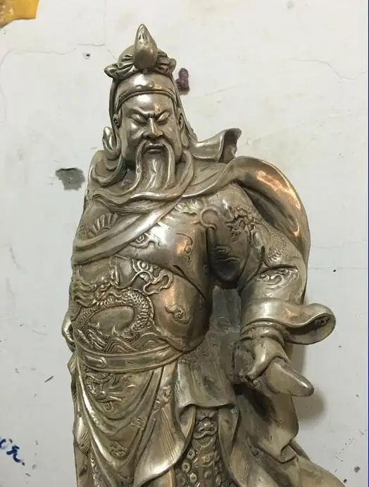 15&quot Chinese Folk Silver carved Dragon Kuan Kung Guan Gong GuanYu warrior statue | Дом и сад