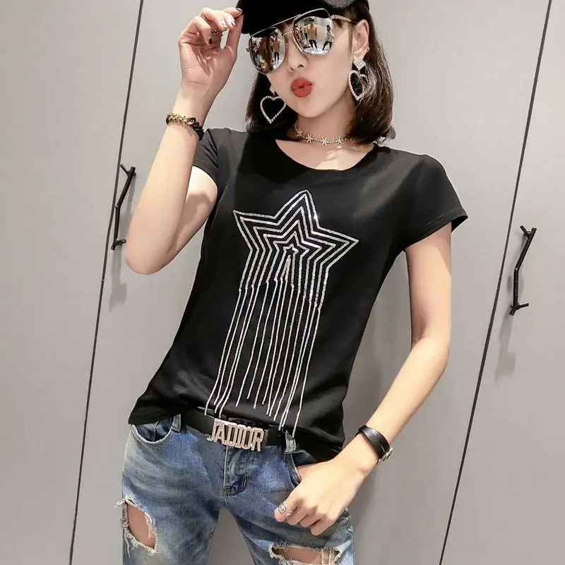 Black tshirt Однотонная футболка с круглым вырезом; Новинка года; сезон лето; модная уличная хлопковая Футболка со звездами и бисером; Camiseta Mujer; цвет черный, белый; T94803L - Цвет: Black tshirt