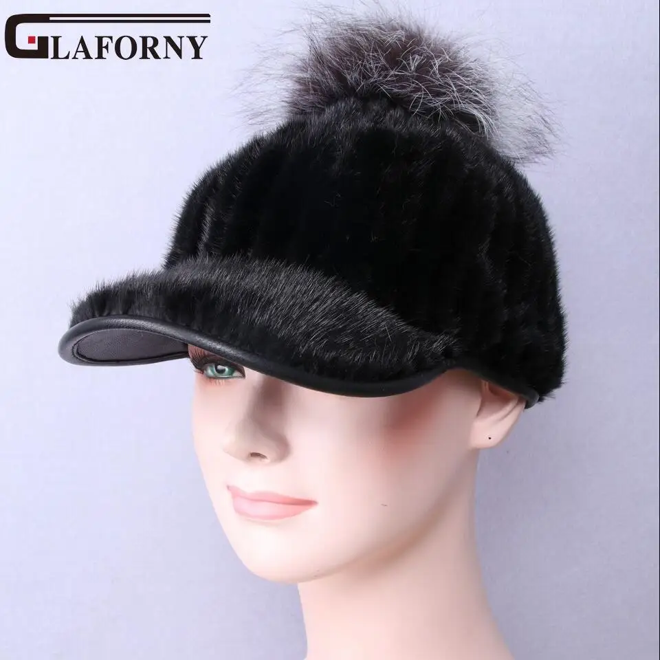 Glaforny, новейший стиль, шапки из меха норки, козырьки, натуральный мех норки, шапки для женщин, полосатые зимние шапки из норки, шапки из меха лисы, топы с помпонами - Цвет: black