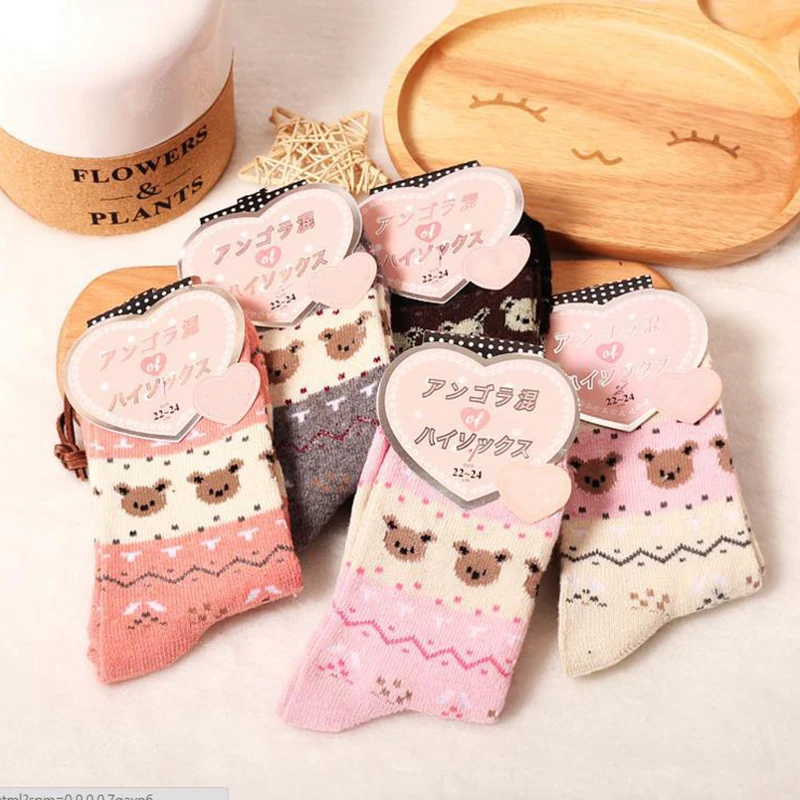 5 пар/упак. зимние шерстяные хлопковые носки толстые теплые женские милые