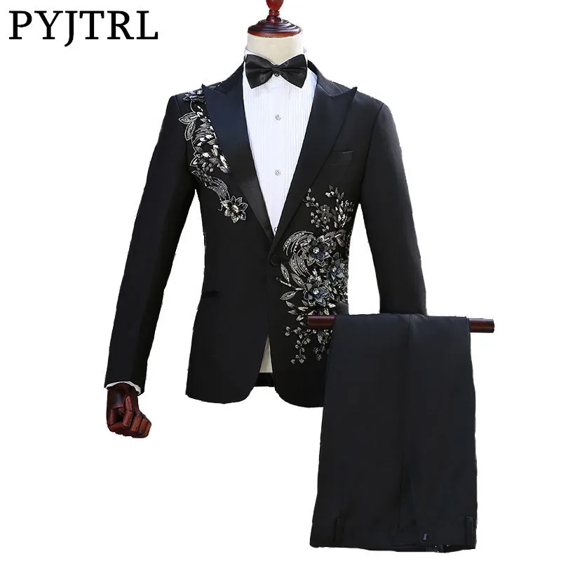 Jacket pants bow tie PYJTRL мужской черный двухсторонний 3D кристалл вышивка цветы сценический певец костюмы наряд для ночного клуба или бара Свадебный блейзер с брюками - Цвет: Jacket pants bow tie