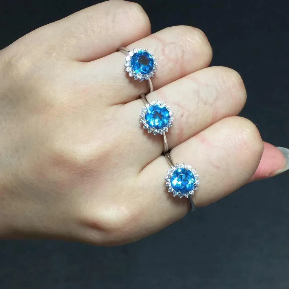 Dia 7mm Carat Natural Blue Topaz Gem Stone Ring Women Solid 925 Sterling Silver Band Original Jewelry Engagement Bijou Gift | Украшения и