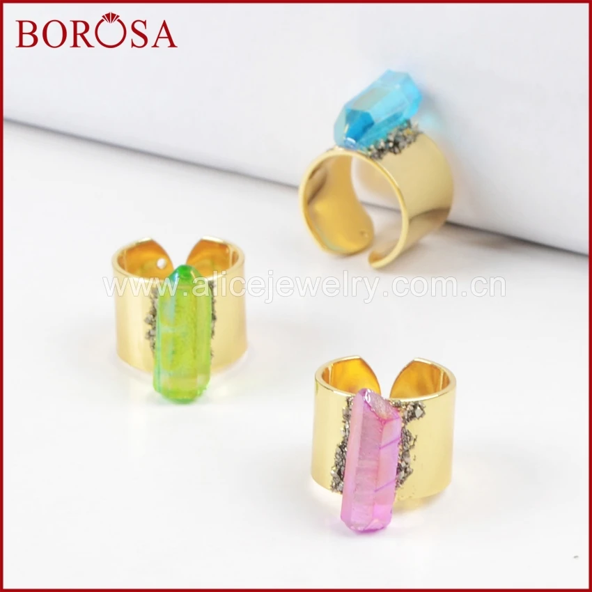 BOROSA Druzy Титан Радуга аура кварцевый Кристал острый кольцо с золотой полоской