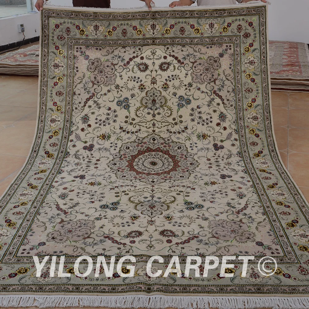 

Yilong 6'x9' Oriental hand knotted wool pile carpets beige exquisite wool rugs made in india (1397)