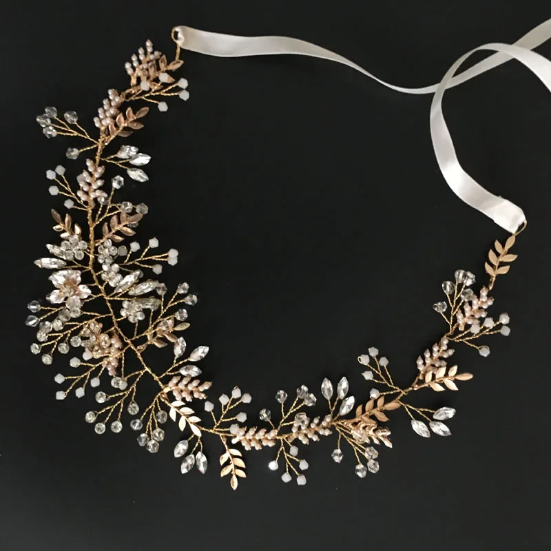 

SLBRIDAL Handmade Ribbon Wired Crystal Rhinestone Flower Wedding Hair accessories Hair Vine Hairband Bridal Headband Bridesmaids