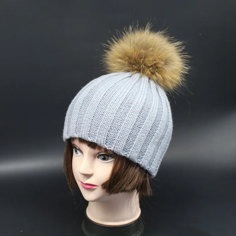 

new super cute genuine raccoon fur pom pom 15cm big size hat for kids children warm lovely knitted hat pom pom fur beanies