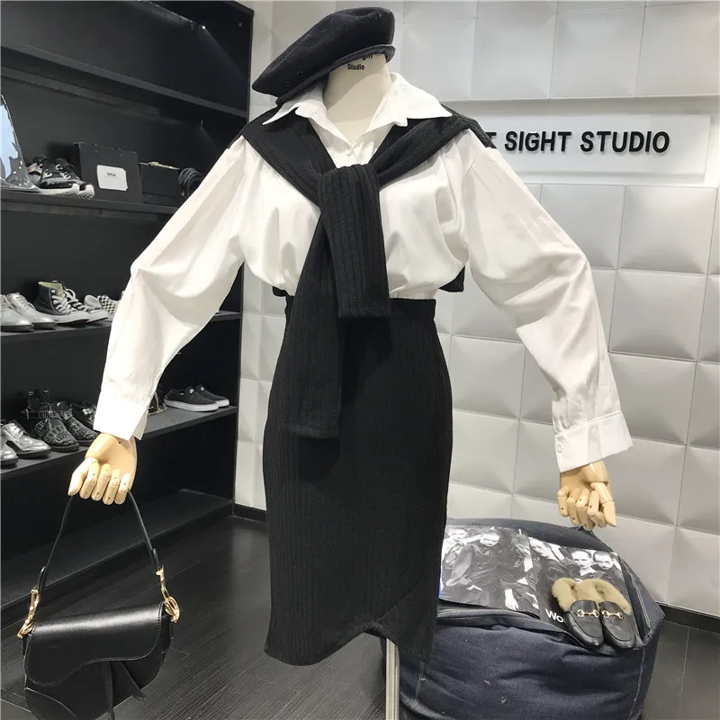 Neploe Двойка Вязаная Шаль лоскутное Однотонная рубашка + вязаная юбка 2019 Осень