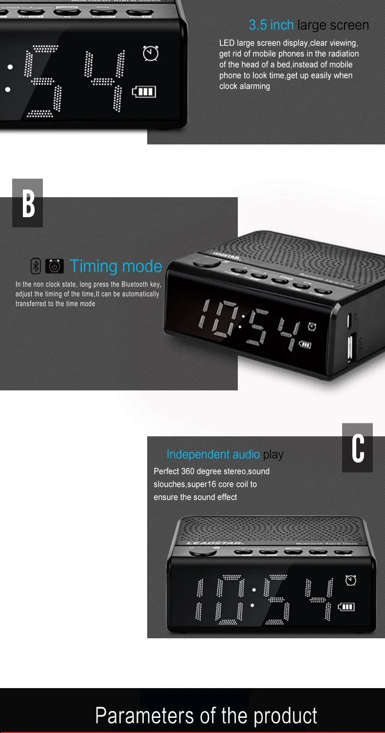 Leadstar портативный Bluetooth динамик беспроводной светодиодный Будильник fm-радио с TF/USB портом для телефона