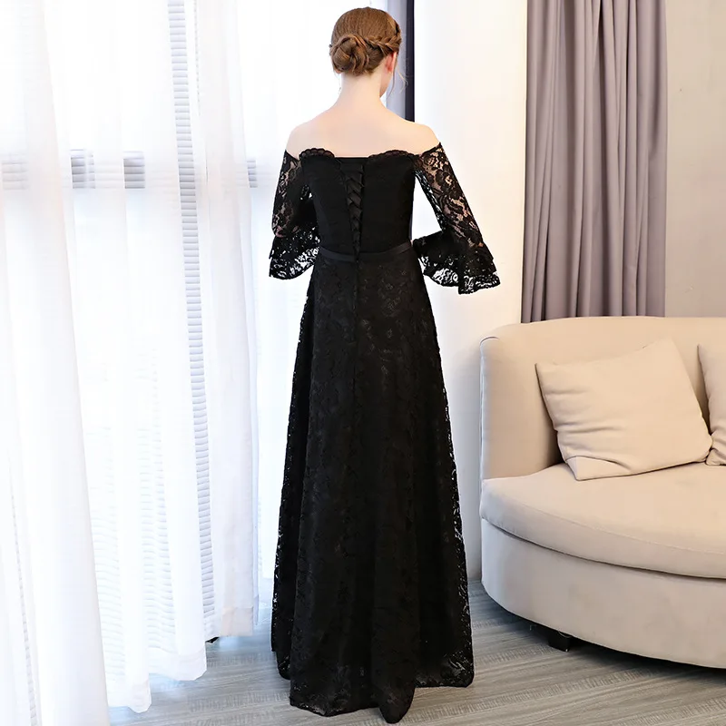 JaneVini Vintage Lace A Line Black Long Bridesmaid Dresses With Sleeve Boat Neck Backless Floor Length Women Wedding Party Dress | Свадьбы и