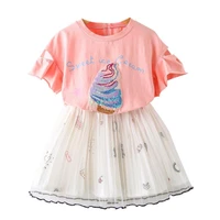 dfxd kids clothes summer girl set 2018 new arrival pink short sleeve ice cream sequins cotton t shirtpleated cartoon skirt set