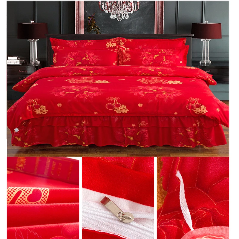 Свадебный комплект постельного белья 4 комплекта с красными цветами юбка-кровать