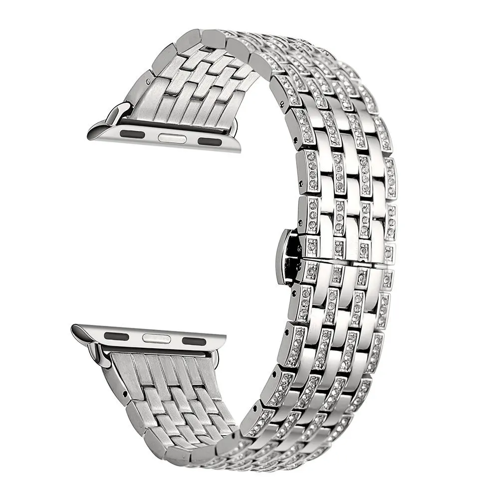 silver Сменные Ремешки для наручных часов Apple Watch Series 5, 4, 3, 2, с украшением в виде кристаллов Стразы Роскошные туфли-лодочки на платформе, ремешок для наручных часов IWatch, 42/38/44/40 мм Для женщин браслет - Цвет ремешка: silver