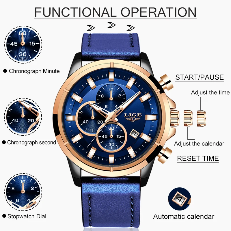 

LIGE Casual Sports Watches For Men Blue Top Brand Luxury Military Leather Wrist Watch Man Clock Fashion Chronograph Wristwatch
