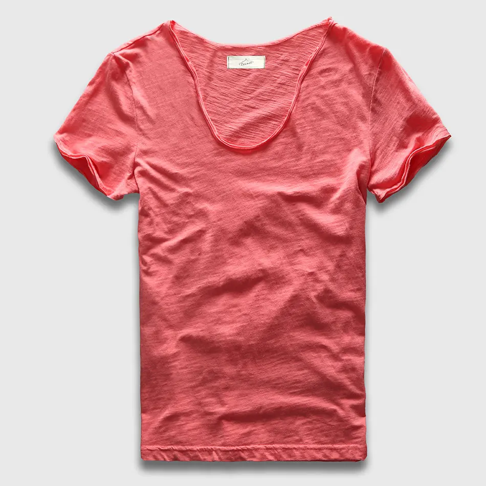 Мужчины Основные Футболки Твердые Хлопок V Шеи Slim Fit Мужской Моды Футболки С Коротким Рукавом Топ Тис Brand - Цвет: Watermelon Red