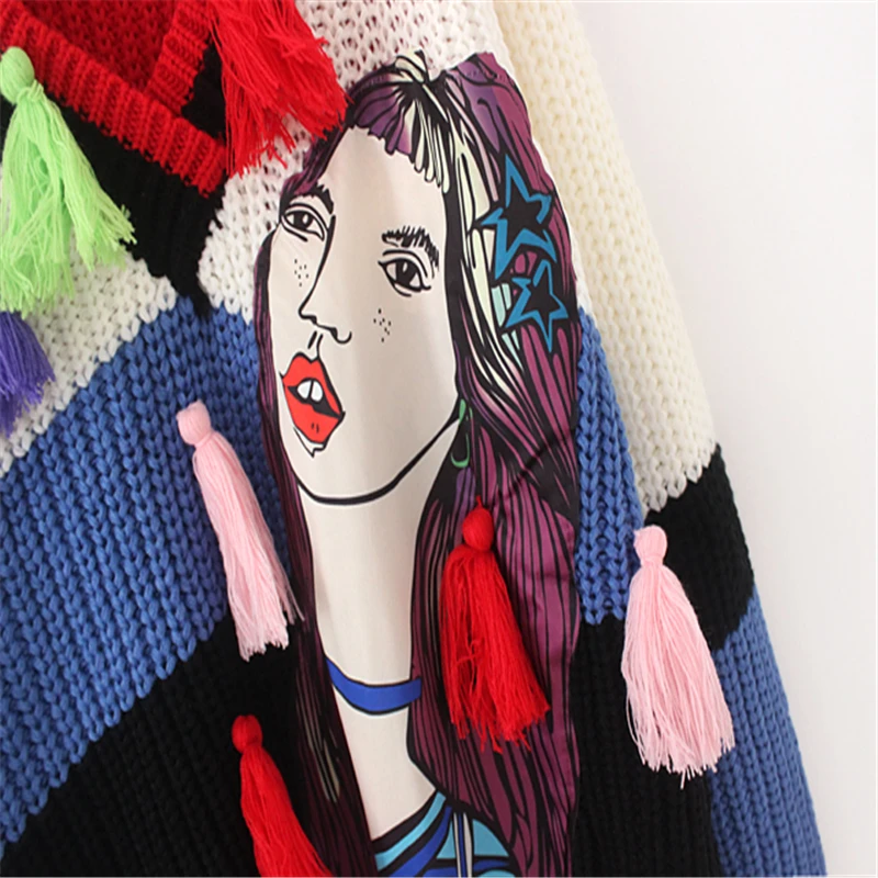 HziriP 2018 Spring Autumn Women Fashion Loose Sweater V-Neck Tassel Long Sleeve Character Print Knitted Female Pullover | Женская одежда