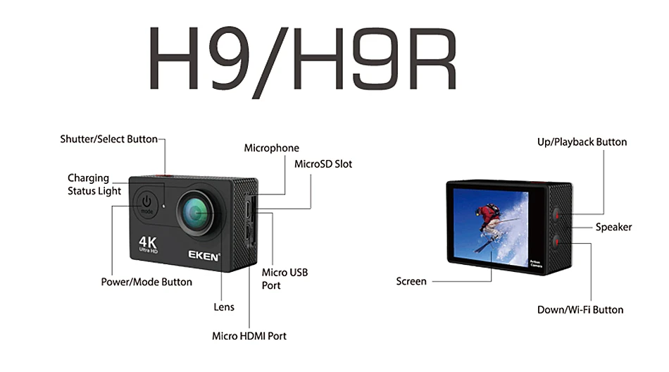 Экшн-камера eken H9R/H9 Ultra HD 4 K/30fps WiFi 2," 170D Водонепроницаемая камера для подводной съемки на шлеме Спортивная камера s