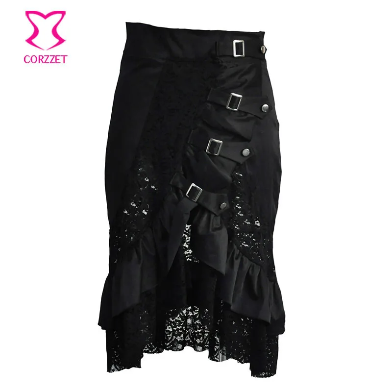 Victorian Black Satin &amp Lace Floral Ruffles Steampunk Skirt Burlesque Vintage Sexy Skirts Womens Plus Size 6XL Gothic Clothing | Женская