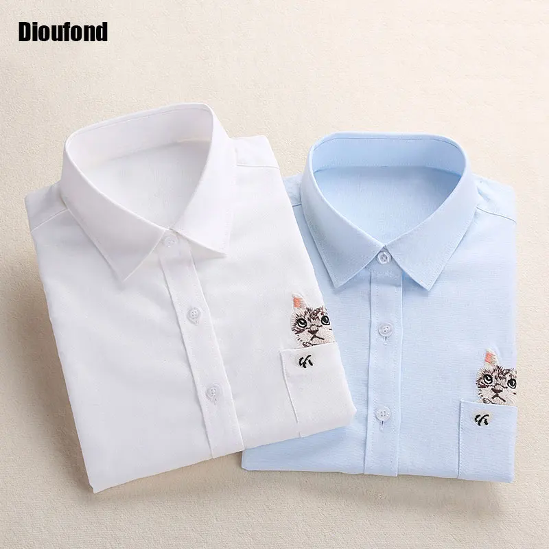 Dioufond кошка вышивка с длинным рукавом женщины блузки и рубашки белый синий дамы