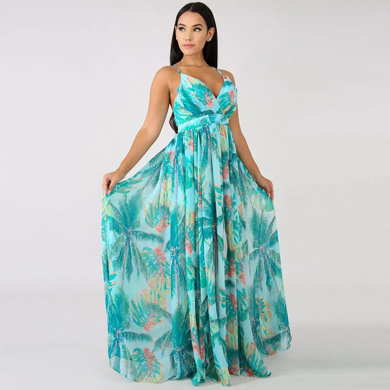 SW06713 Женское платье макси с цветочным принтом Boho летнее сексуальное пляжное платье с v-образным вырезом и открытой спиной Повседневный Сарафан Длинные платья без рукавов - Цвет: SW06713