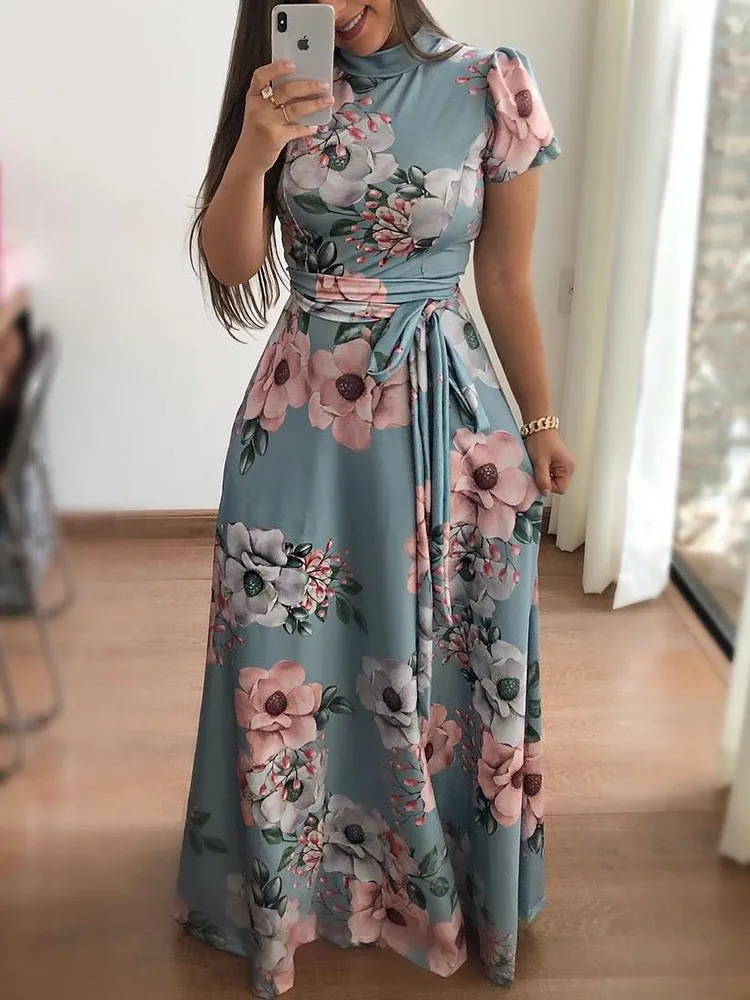 Лето-осень Винтаж Цветочный принт платье макси Для женщин Повседневное Boho