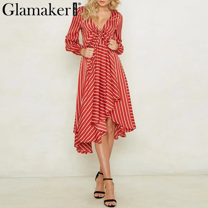 Фото Женское платье-миди с разрезом Glamaker Полосатое короткое вечернее платье Женское платье-миди с разрезом Glamaker Полосатое короткое вечернее платье